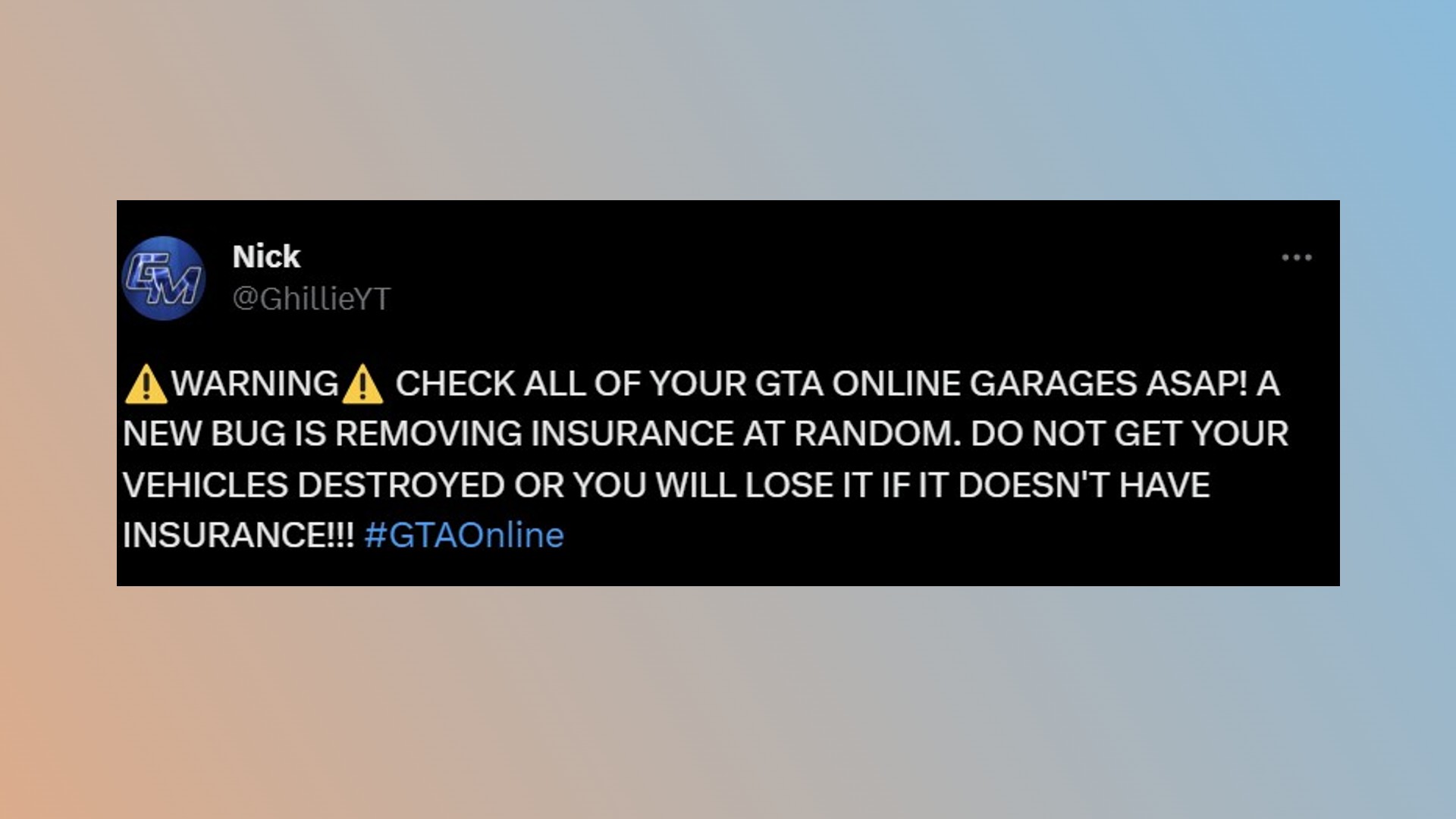 GTA 5 vehices bug: A tweet outling the insurance bug for vehicles in Rockstar sandbox game GTA 5