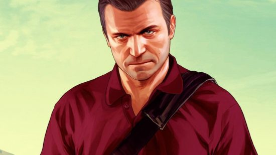 GTA 6 release date tease: A criminal in a red shirt, Michael from Rockstar sandbox game GTA 5, stares intently