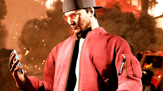 GTA Online removed cars - a person in a red puffer jacket and backwards baseball cap looks at their phone as explosions go off behind them.