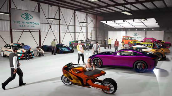 GTA Online - characters walk around the Vinewood Car Club, a specialist showroom for luxury cars.