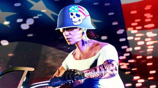 GTA Online weekly update June 29 - a tattooed woman in a white t-shirt wearing a blue bike helmet with a stars and stripes skull on it.