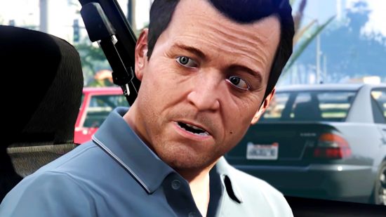 GTA Online weekly update - Michael from the story campaign sits in a car, looking surprised