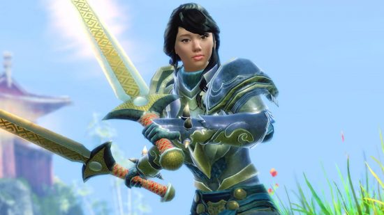 Guild Wars 2 is not a 'dead game,' new End of Dragons stats prove it: An Asian woman with black hair that's tied back stands holding two golden glowing swords in silver plate armor on a sunny backdrop with flowers and green grass