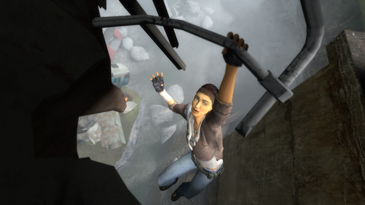 Half-Life 2 Speedrun: Eine junge Frau, Alyx Vance, baumelt gefährlich über einem steilen Sturz