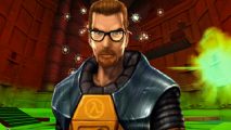 Half-Life remade as a roguelike: A scientist in orange armor stands in front of an exploding lab in Valve FPS game Half-Life