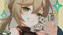 Qingque holds up her Mahjong tiles while smirking at the viewer, though the odds of her pulling the matching tiles depends on the best Honkai Star Rail Qingque build.