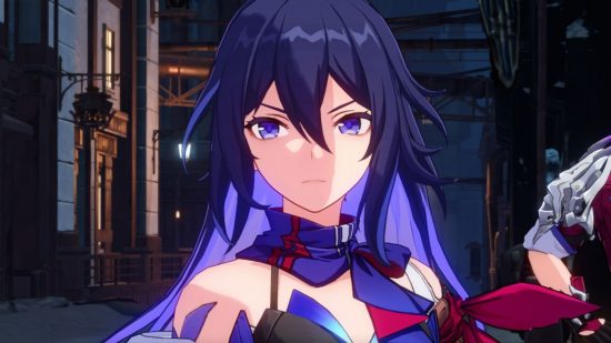 Seele frowns at the viewer, dressed in her iconic purple and red butterfly dress, and one of the best units on our Honkai Star Rail tier list.