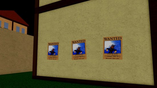 Blox Fruits beginners guide: A yellow wall shows three wanted posters with a reward