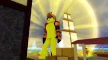 Blox Fruits beginners guide: A yellow figure stands before a glowing structure