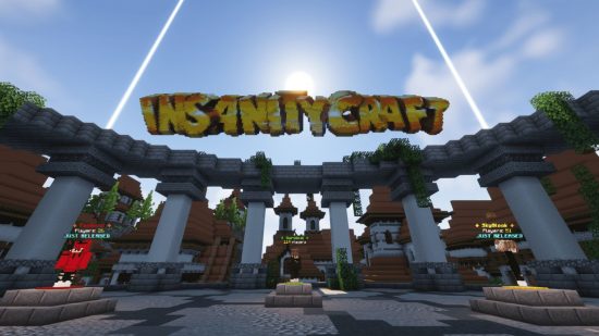 A view of the entrance to Insanity Craft, one of the best Minecraft servers, with the server name biult in Minecraft blocks in the sky.