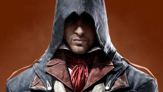 An image of the main assassin from Assassin's Creed Unity looking towards the screen with an orange background.