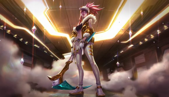 The League of LEgends character Akali, dressed in white and gold and holding her kama.