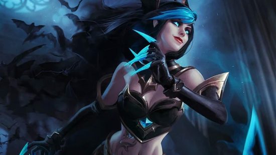 New League of Legends mode is a mashup of TFT and Apex Legends: A pale woman with long black hair with a blue fringe running with clawed hands across her chest as bats float behind her