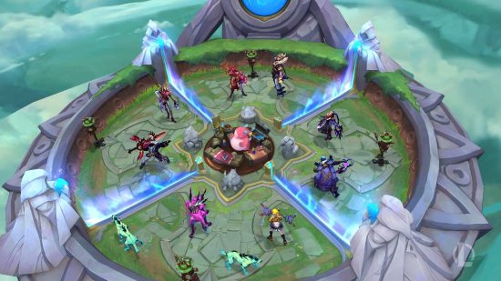 A group of League of Legends characters standing in a circular arena with borders between them confining them to specific slots