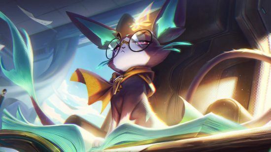 Riot may need to make "tough decisions" about League of Legends' Yuumi: A black and white cat wearing round glasses and an academic cloak sits on an open book