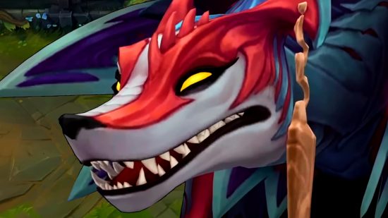 League of Legends Naafiri - a grey and crimson hound with bright yellow eyes smiles, baring her teeth.