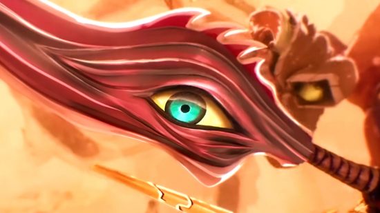League of Legends Naafiri - a fleshy dagger spins through the air, a blue-green eye opening on its blade.