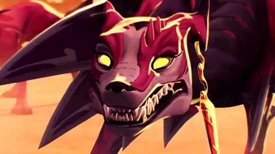 League of Legends Naafiri - a skull-faced, crimson hound with glowing yellow eyes and daggers erupting from her shoulders.