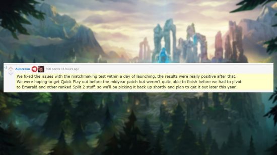 A Reddit comment from Riot developer Auberaun discussing League of Legends quick play mode