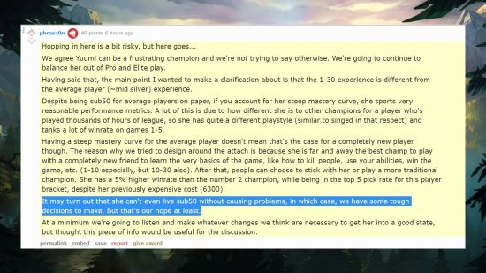 A long Reddit thread from League of Legends lead designer on champion balance Matt Leung-Harrison discussing Yuumi