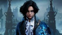 Lies of P mod is literally Bloodborne on PC: A young boy with curly, short black hair wearing Victorian-style dress stands in front of a Gothic-style gate with blue magic swirling around him