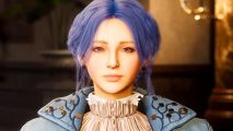 Lies of P demo changes - a woman with blue hair and a flowery blue jacket.