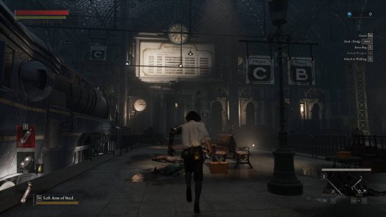 Lies of P has so much potential, but it's a soulslike: A dark haired man wearing a white shirt and tight black pants runs through a Victorian station that has been abandoned and ruined