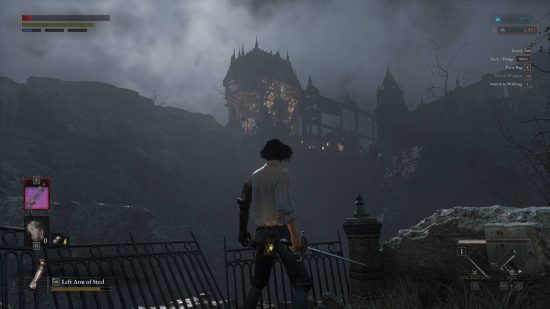 Lies of P has so much potential, but it's a soulslike: A young man with dark curly hair wearing a white shirt holds a rapier looking up at a gothic building on a hill above him