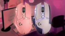 An image of a set of mice from the Logitech G502 gaming mouse series, one in peach pink and the other in purple grap.