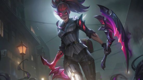 League of Legends Quick Play is postponed, but not for long: A demonic woman with pink eyes and her hair tied back in a high ponytail walks towardss the camera menacingly looking down with two, crystalline, purple curved daggers in a white ruffled blouse