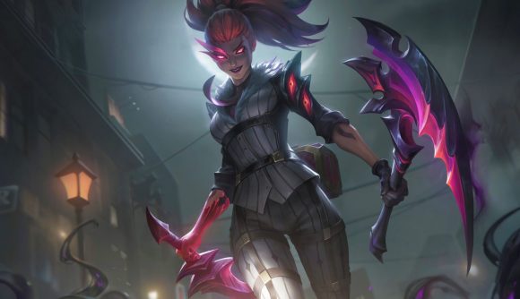League of Legends Quick Play is postponed, but not for long: A demonic woman with pink eyes and her hair tied back in a high ponytail walks towardss the camera menacingly looking down with two, crystalline, purple curved daggers in a white ruffled blouse