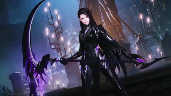 Lost Ark responds to controversial video, makes backlash worse: An attractive Asian woman with pale skin and black armor stands holding a huge scythe that glows purple in an underground ritualistic area