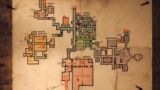 El mapa completo de Amnesia The Bunker, incluidos los pines que identifican las ubicaciones de los elementos clave, incluidos los cortadores de pernos, las placas de identificación y la dinamita.
