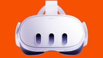 The Meta Quest 3 VR headset against an orange background