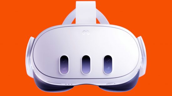 The Meta Quest 3 VR headset against an orange background