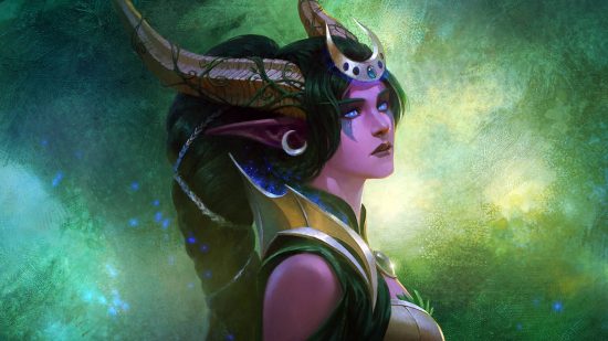 A purple-skinned woman with dragon horns and a moon-shaped headdress stands on a green background looking into the distance