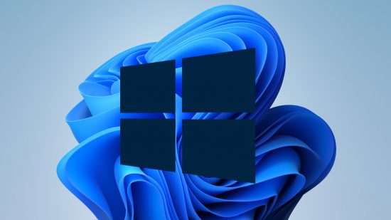 Microsoft Windows 10 logo stands in front of the Windows 11 bloom logo.