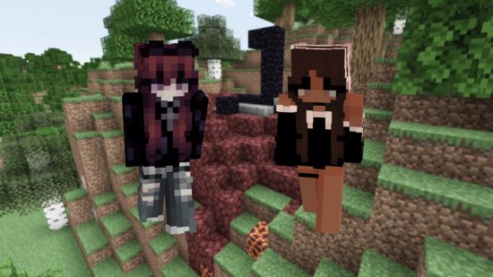 Minecraft skins cute girls: Two Minecraft girls stand in front of a ruined nether portal.