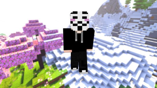 Best Minecraft skins: A hacker skin, wearing a black hoodie and a creepy mask, over the backdrop of a snowy biome and a cherry grove.