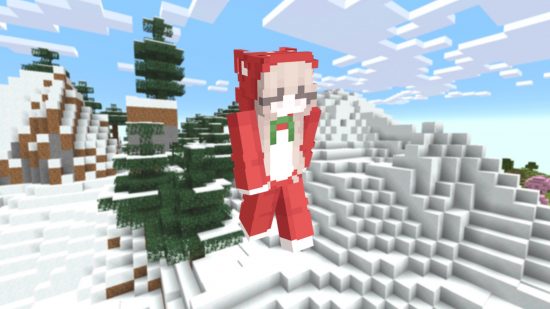 Best Minecraft sins: a female player avatar stands in a snowy tiaga biome wearing a cute red onesie, with long blonde pigtails coming out of the hood.