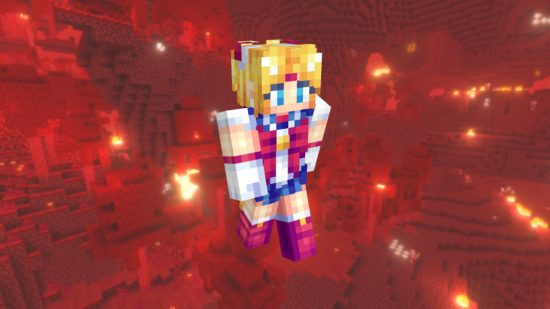 Meilleurs skins Minecraft: peau de la lune marin amoderne et aux couleurs vives, mettant en vedette la coloration rouge, blanche et bleue emblématique, avec des détails dorés