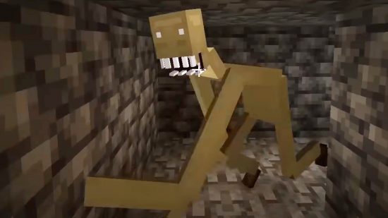 A creepy, long-limbed mob crawls through a cave behind the player, baring its teeth, in the Cave Dweller Minecraft mod.