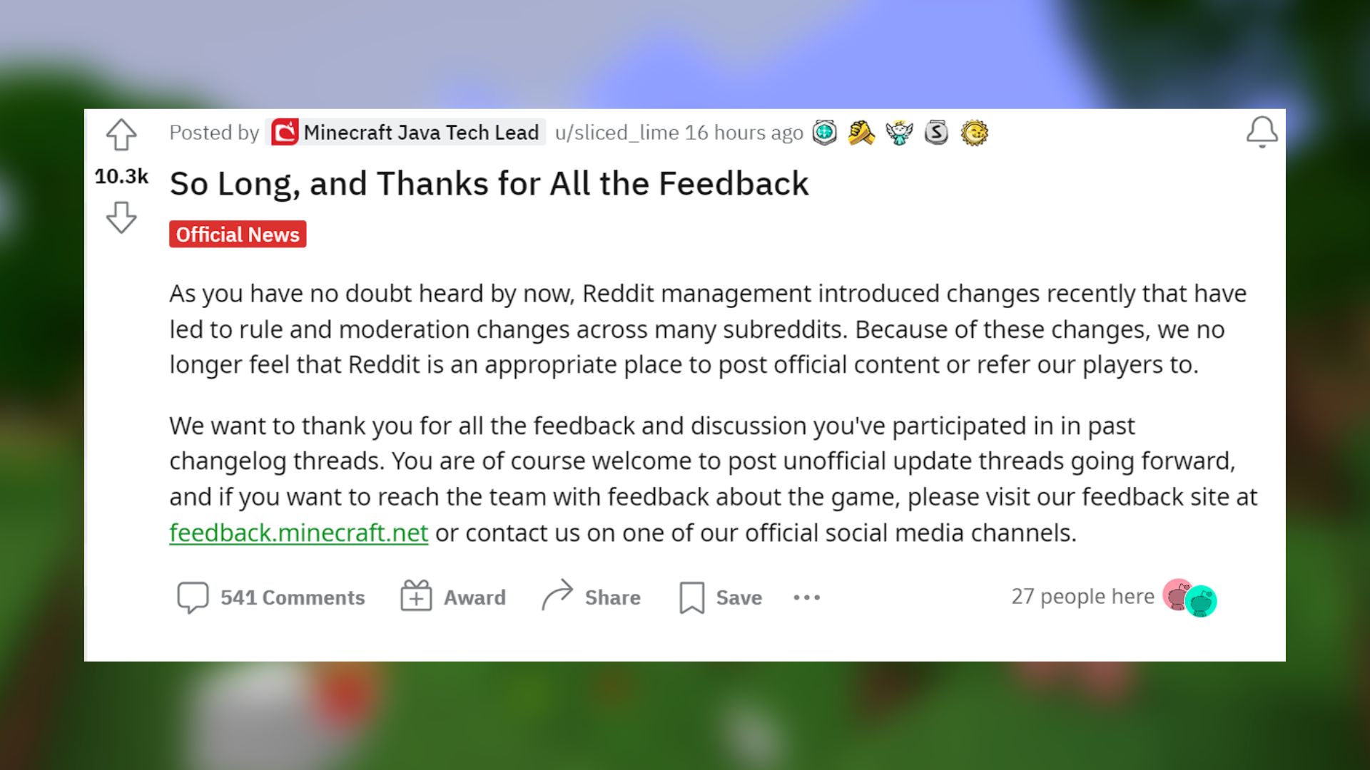 Minecraft Subreddit Loses Dev Support Due To Reddit Disapproval