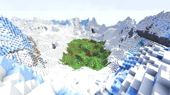A vast, icy landscape in one of the best Minecraft seeds for 1.20, with a circular green meadow surrounded by towering white icy mountains.