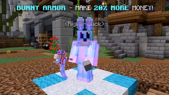 An image from one of the best Minecraft servers, Netherite, showing cute bunny armor, which gives the wearer 20% more money in-game.