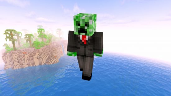 Minecraft skins: A creeper Minecraft skin, true to the normal creeper model, aside from the fact that it is wearing a black suit, white shirt, and red tie.