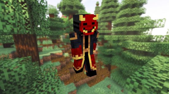 Bästa minecraft -skinn: En röd demonhud, med en klassisk japansk oni -stil, över bakgrund av en minecraft taiga biom