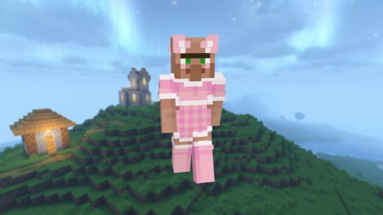 Meilleurs skins Minecraft: une peau de villageois avec le visage reconnaissable d'un villageois Minecraft, mais dans une tenue de femme de chambre française unique, rose et blanche avec des oreilles de chat