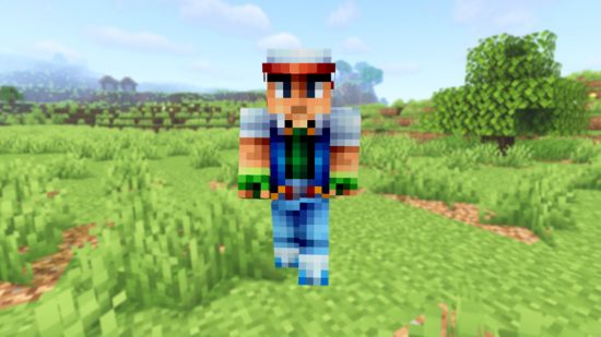 Beste Minecraft Skins: Eine Ash Ketchum Pokemon Minecraft -Haut, die seine ikonische rote und weiße Kappe und grüne Handschuhe trägt