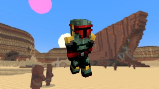 A Boba Fett Minecraft skin in front of a backdrop of Minecraft Tatooine, from the Star Wars mash up DLC.